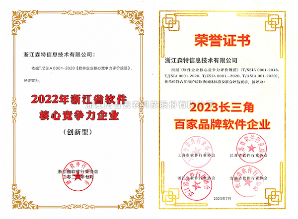 托普云農(nóng)全資子公司——浙江森特獲評“長三角百家品牌軟件企業(yè)”、“浙江省軟件企業(yè)核心競爭力（創(chuàng)新型）”企業(yè)！